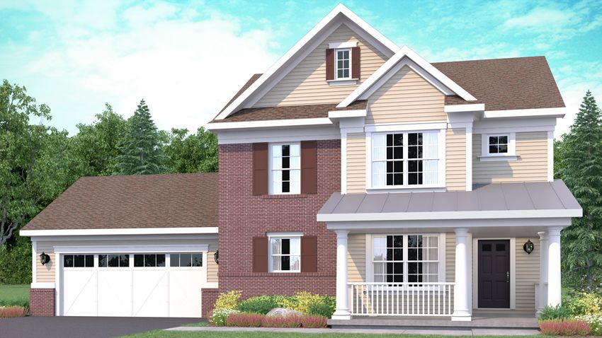 Exterior rendering of Mulberry floor plan, traditional exterior style. 3 bed/2.5 bath.